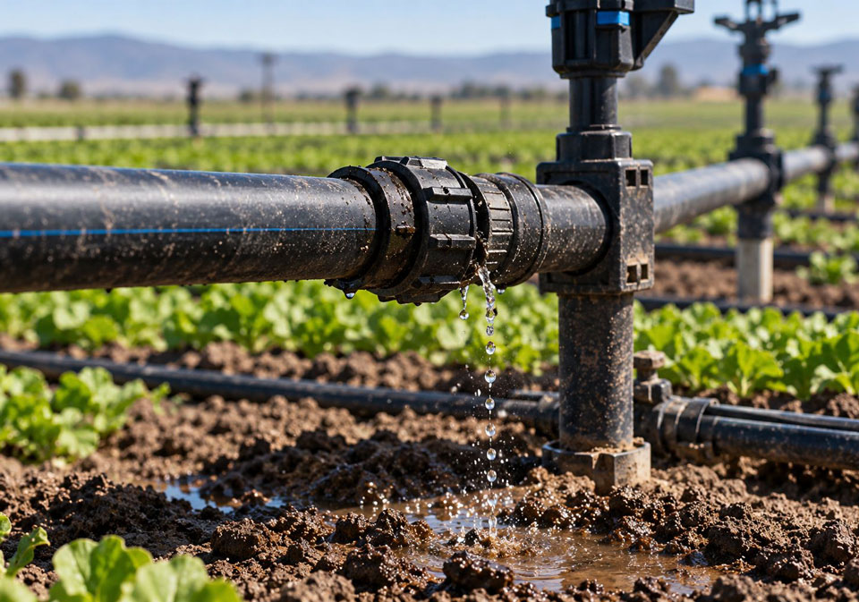 Perdita d’acqua da un raccordo di un impianto di irrigazione agricola, individuabile attraverso un audit idrico